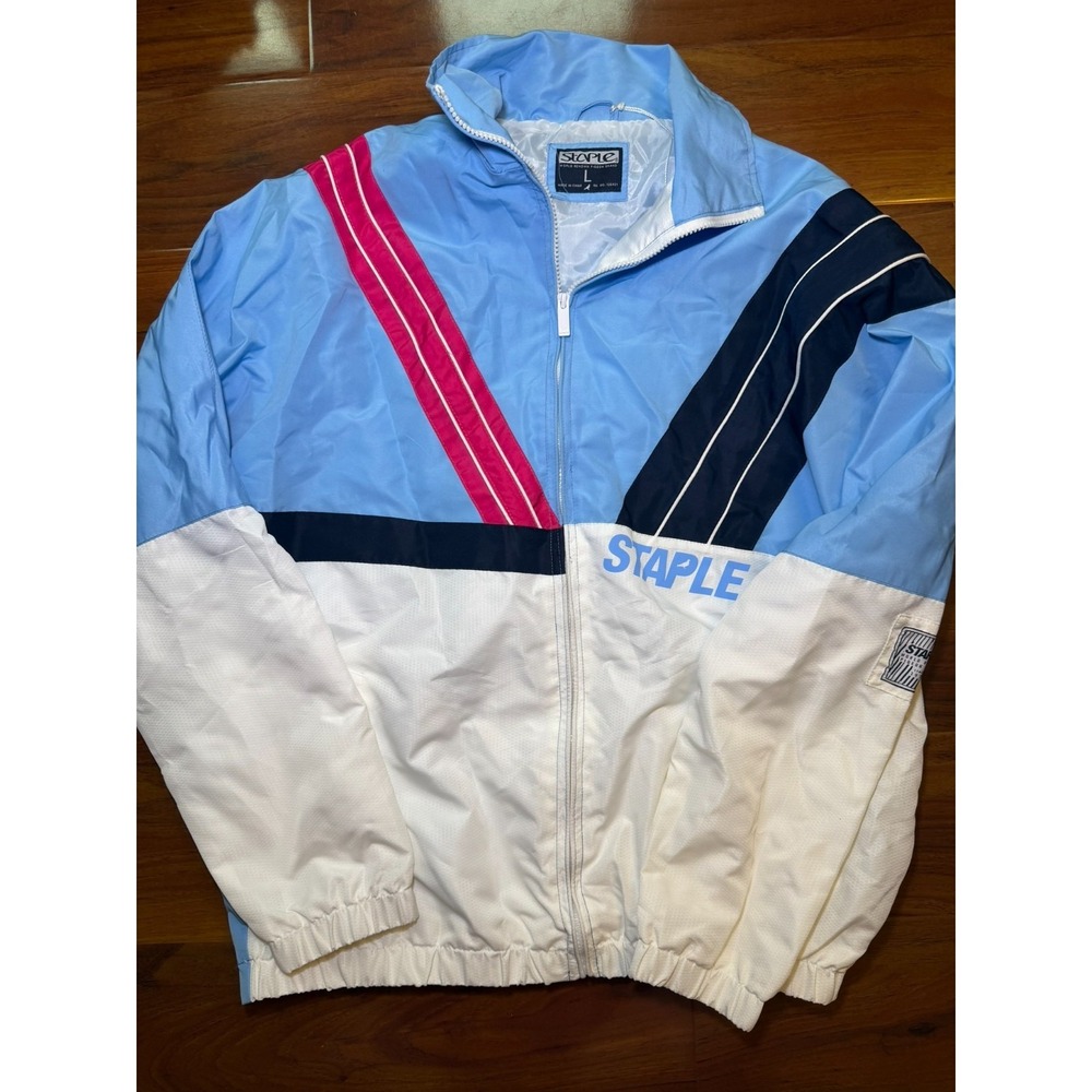 Staple Pigeon Windbreaker Jacket Men's L White Blue Stripe Color Block Full Zip